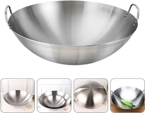 Miniatura 7 de Cabilock Wok de acero inoxidable de 12 pulgadas, sartén de fondo redondo de gran capacidad para estufa de gas, cocina tradicional india Kadai