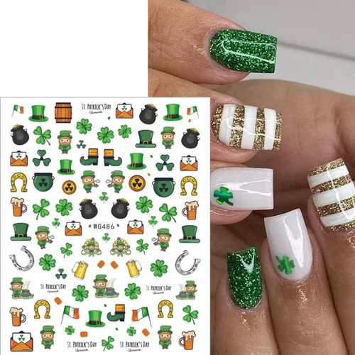 Miniatura 7 de 7 hojas de calcomanías de uñas del día de San Patricio para arte de uñas, calcomanías autoadhesivas 3D de trébol verde, diseño de uñas irlandesas