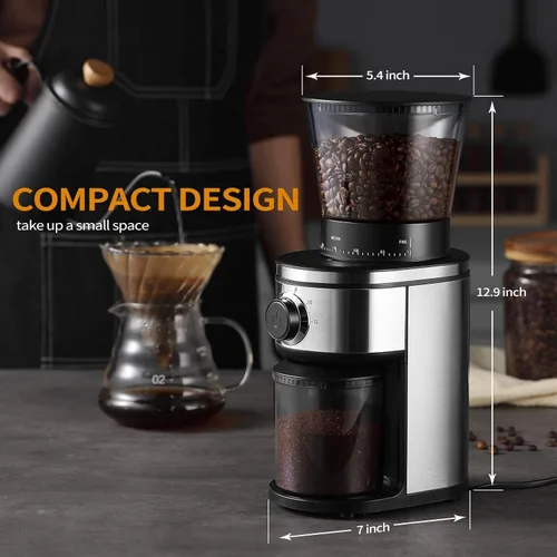 Miniatura 12 de Ollygrin Molinillo de café de rebabas, molinillo de café cónico eléctrico con 30 ajustes de molienda ajustables para 2-12 tazas, plateado y negro