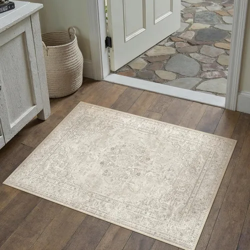 Miniatura 3 de PureCozy Alfombra de área beige de 2 x 3 pulgadas, lavable, vintage, pequeña, para entrada, cocina, suave, retro, floral, de pelo bajo, tapete