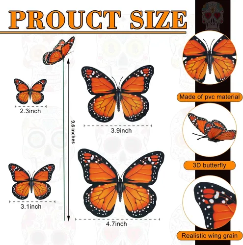 Miniatura 2 de 120 estacas de mariposa monarca de 4 tamaños, artificiales, impermeables, para decoración de mariposas de jardín, mariposa monarca 3D, para el día