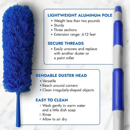 Miniatura 3 de New U.S. Duster Company Kit de polvo de triple acción de alto alcance Webster Cobweb Ventilador de techo plumero con poste de telescopio