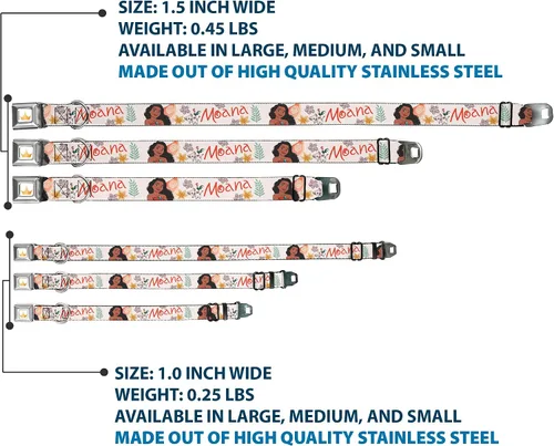 Miniatura 3 de Collar de perro con hebilla de cinturón de seguridad Moana con Pua y HEI HEI Sail Pose con Script Beige Naranja 9.5 a 13 pulgadas 1.0 pulgadas