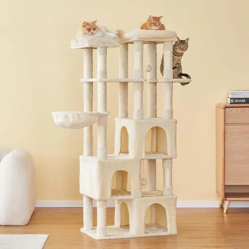 Miniatura 9 de MWPO Árbol grande para gatos de interior, torre de gatos de 63 pulgadas con 3 condominios para gatos, postes rascadores, pedestales acolchados, Beige