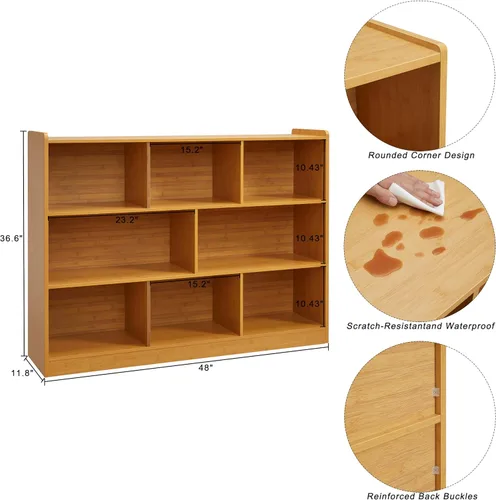 Miniatura 2 de Estantería de 3 niveles, estantería de madera de 8 secciones, organizador de almacenamiento con dispositivo anti-inclinación, gabinete de Natural
