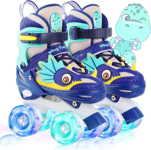 Dino - Patines de ruedas para niños y niñas, WESKIFAN Dinosaur Quad Skating Shoes con ruedas brillantes y tamaños ajustables para principiantes para