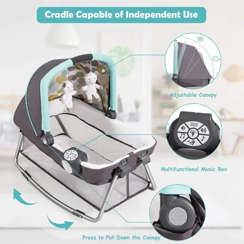 Miniatura 8 de BABY JOY Paquete y juego 5 en 1, corralito portátil para bebé con moisés y cambiador de pañales, cuna central para guardería infantil con juguetes