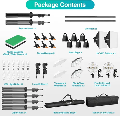 Miniatura 7 de EMART Sistema de soporte de telón de fondo de 7 x 10 pies con bolsa de arena, kit de iluminación para fotografía con 12 bombillas CFL de 45 W, 3