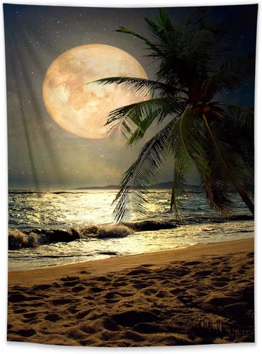 Miniatura 12 de LB Tapiz pequeño de luna llena sobre océano, tapiz de pared de cielo nocturno estrellado, fantasía 3D, arte de pared de luna grande en blanco