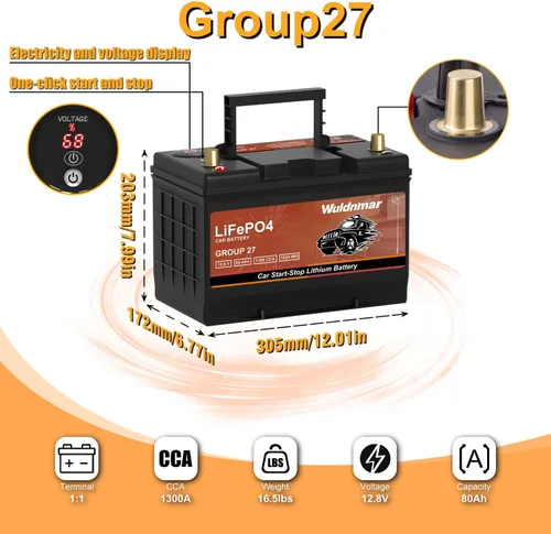 Miniatura 4 de Batería de arranque y parada de coche de litio G27 12V 80AH de alto rendimiento con 1300CCA y 60 meses de garantía