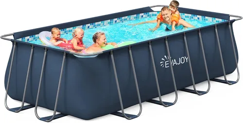 EVAJOY Juego de piscina rectangular con marco de metal de 14 x 7 x 48 pulgadas para familias, juego de piscina rectangular sobre el suelo con bomba