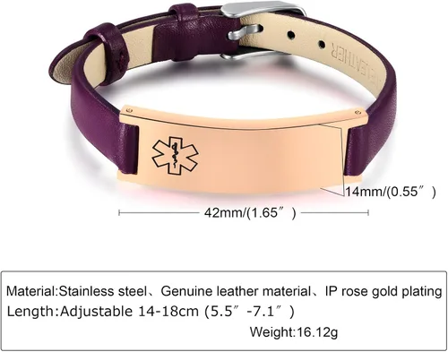 Miniatura 14 de MPRAINBOW Pulsera de alerta médica personalizada para mujer, correa de reloj de cuero genuino, grabado de doble cara, diabetes, epilepsia, joyería