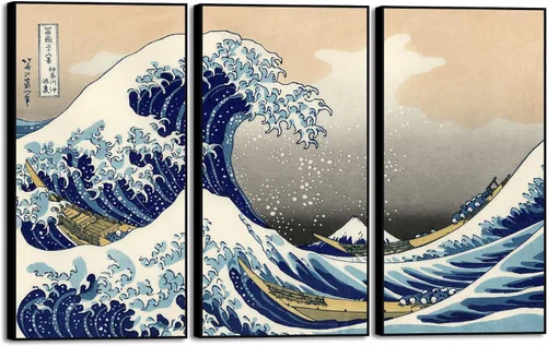 Wieco Art Arte enmarcado de aluminio negro grande, 3 paneles, gran ola de Kanagawa, Katsushika Hokusai, impresiones en lienzo de arte de pared,