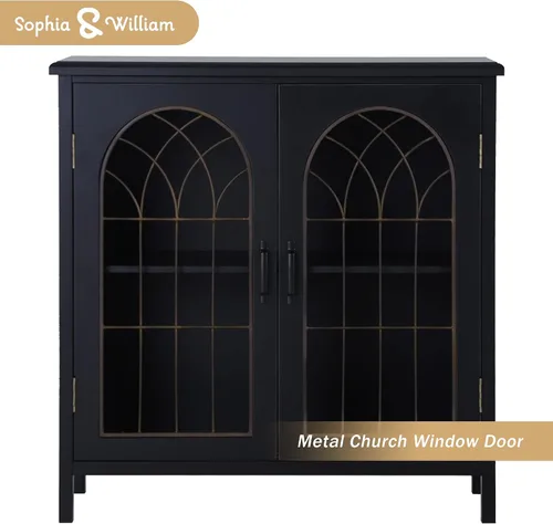 Miniatura 4 de Sophia & William Armario decorativo con 2 puertas, gabinete de almacenamiento envejecido con puerta de ventana de iglesia de metal para entrada