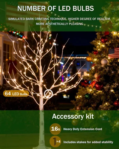 Miniatura 8 de Tybeeu Árbol de abedul iluminado de 3 pies con 64 luces LED blancas cálidas para decoración de vacaciones, diseño realista, certificado UL