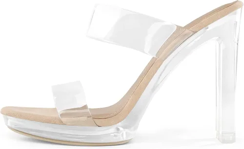 Miniatura 2 de DREAM PAIRS Sandalias de tacón grueso con dos correas transparentes y puntera abierta para mujer