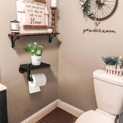 Miniatura 2 de Soporte de papel higiénico con estante, colgador industrial de papel higiénico montado en la pared con estante de madera rústica para baño, baño