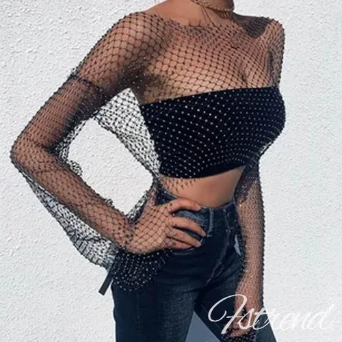 Miniatura 6 de Fstrend Cadena de malla de cristal con diamantes de imitación, parte superior corta negra, manga larga, bikini transparente, A