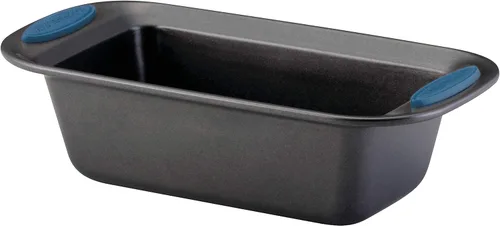 Rachael Ray Yum-o! Utensilios para hornear antiadherentes para horno, molde para pan de 9 x 5 pulgadas de acero, gris con asas azul marino