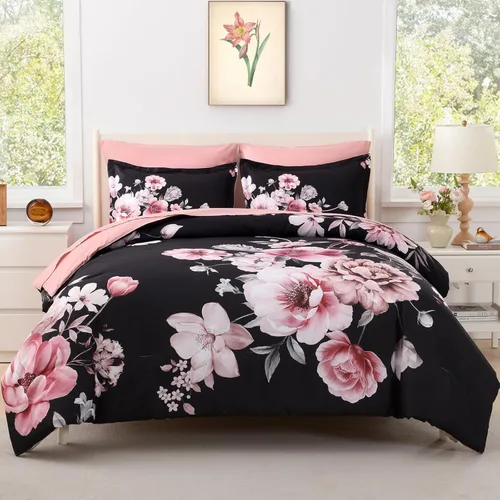 Miniatura 9 de Juego de edredón para cama Queen, juego de cama de 7 piezas en una bolsa, de microfibra suave, patrón floral de hojas negras sobre blanco