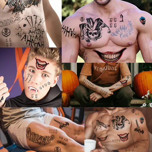 Miniatura 3 de Joker Tattoos 13 hojas, tatuajes temporales de Halloween para hombres, calcomanías de tatuaje falso de escuadrón suicida para adultos, disfraz