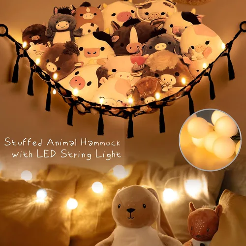 Miniatura 2 de Red de Animales de Peluche o Hamaca con Luz, Yewiwin Red Colgante de Macramé Hamaca para Organizador de Almacenamiento de Juguetes de Animales