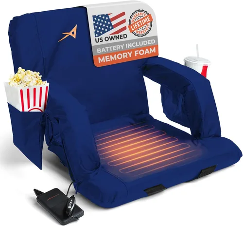 Asientos de estadio con calefacción para gradas con respaldo – Batería USB incluida – 3 niveles de calor mejorados – Silla plegable – 4 bolsillos