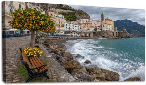 Lienzo decorativo de 20 x 40 pulgadas, arte de pared de Italia vintage, paisaje de la costa de Italia, paisaje de limonero naranja, cuadros Color 1