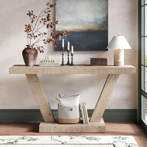 Miniatura 8 de Henf Mesa consola de 60 pulgadas moderna de madera para sofá de entrada detrás del sofá con base de soporte triangular para pasillo, entrada, sala