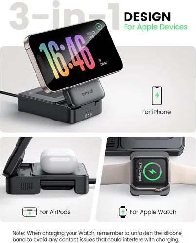 Miniatura 5 de Lamicall Estación de carga 3 en 1 para dispositivos Apple, plegable inalámbrica para soporte de cargador MagSafe para iPhone 17/16/15/14/13/12
