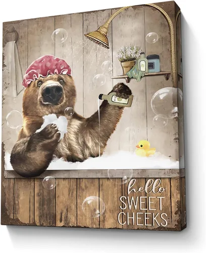 Miniatura 29 de Bonito oso para decoración de baño, arte de pared divertido con estampado de oso de casa de campo, pintura decorativa de pared enmarcada moderna