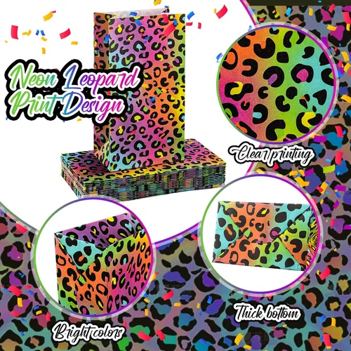 Miniatura 3 de Leinuosen 24 bolsas de papel de leopardo arcoíris neón, guepardo, regalo de fiesta de cumpleaños, guepardo, bolsas de papel para regalo de leopardo