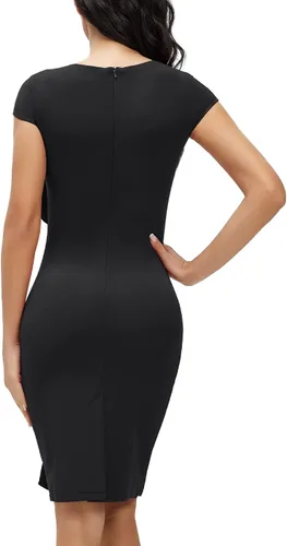 Miniatura 4 de MUXXN Vestido de tubo para mujer, estilo vintage, con cuello cuadrado, manga casquillo, volantes, para trabajo, negocios, bodycon