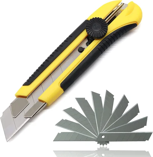 Cuchillo utilitario resistente de 0.984 in, cortador de caja con 20 cuchillas retráctiles SK-5, cortadores a presión con agarre de goma para cartón,