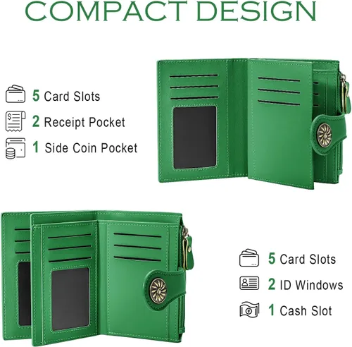 Miniatura 5 de Tipmile Billeteras pequeñas de cuero para mujer, con 2 ventanas de identificación, con bloqueo RFID, tarjetero con cremallera y bolsillo para Verde