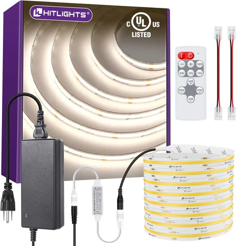 Miniatura 13 de HitLights - Tira de luces LED COB de color blanco cálido de 3000 K, cinta de luz de alta densidad de 32.8 pies de 24 V, 5120 LED, 350+ lm/pies, CRI