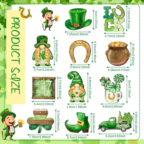 Miniatura 3 de Spiareal 36 piezas Adornos de día de San Patricio en madera, adorno colgante de trébol verde, gnomo verde, camión, recorte de madera, decoración