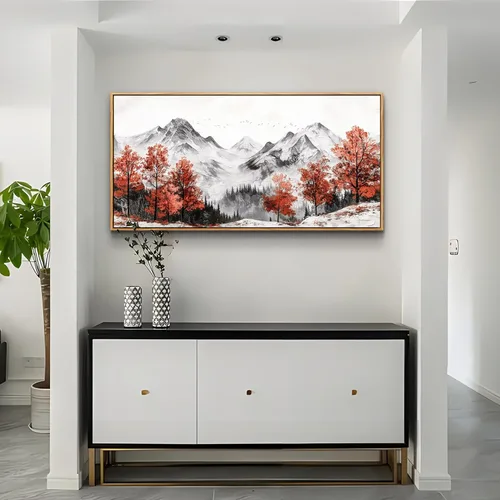 Miniatura 8 de PHAOHUAXM Lienzo decorativo de pared para sala de estar, decoración de pared grande para dormitorio, árbol rojo, tinta, paisaje de montaña, pintura