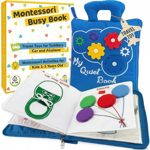deMoca - Juguete montessori, libro para bebés - Juguetes para niños pequeños - Juguete de viaje - Juguete educativo con actividades para niños y Azul