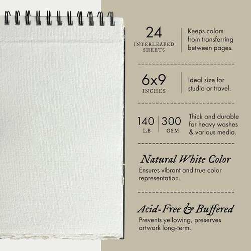 Miniatura 5 de Indigo Artpapers Papel de acuarela, 24 hojas, 6 x 9 pulgadas (140 libras/10.58 oz), trapo 100% algodón hecho a mano, prensado en frío, papel