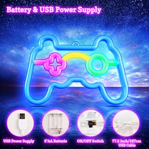 Miniatura 4 de Vicloon Letrero de Neón para Jugadores, Forma de Control de Gamepad - Luz de Pared LED USB/Batería para Decoración de Sala de Juegos, Regalos Retro