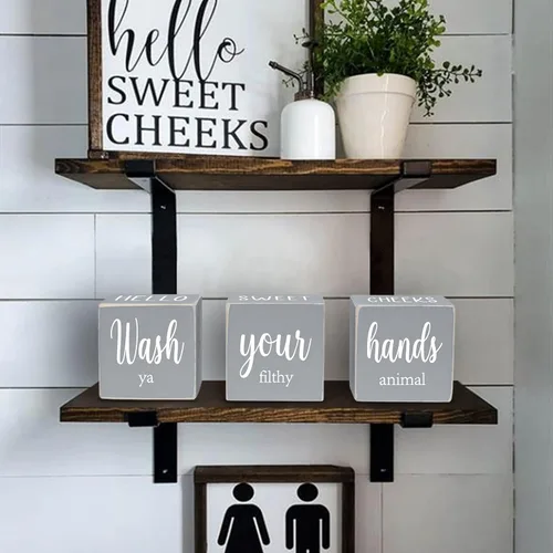 Miniatura 3 de Decoración de baño de granja de 4 lados para estantes y mostrador, divertido letrero rústico de madera para invitados de baño, bonito trasero y gris