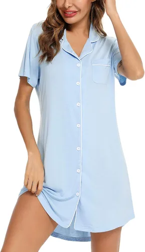 Miniatura 153 de Samring Camisón de pijama para mujer, manga corta/larga, con botones, camisón para dormir, camisón para novio, talla XXL