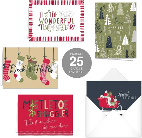 Miniatura 10 de Canopy Street Tarjetas navideñas clásicas / 25 tarjetas navideñas con sobres blancos / 5 diseños retro de Navidad / tarjetas de felicitación