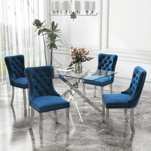 Miniatura 27 de Juego de comedor de 3 piezas con superficie de vidrio transparente, juego de comedor cuadrado minimalista moderno de 36'', juego de mesa de cocina