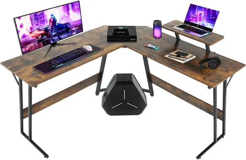 Miniatura 10 de NChanmar Escritorio para juegos en forma de L con soporte elevador para monitor, escritorio de esquina para oficina en casa para estudiar, trabajar