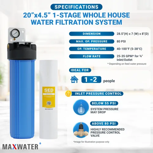 Miniatura 2 de Max Water Carcasa universal para filtro de agua para toda la casa, cartucho de carbono de sedimentos de 20 x 4.5 pulgadas, sistema de prefiltración
