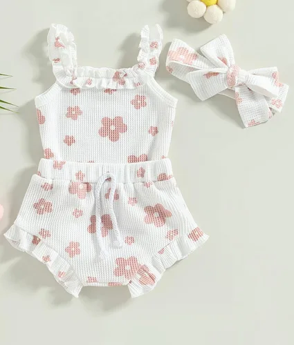 Miniatura 2 de Conjunto de ropa de verano para bebé recién nacida, conjunto de ropa de verano con estampado floral, mameluco con cordón y diadema corta