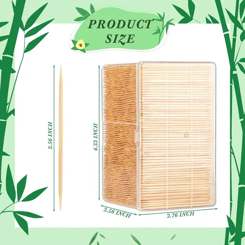 Miniatura 3 de Jerify 3000 palillos de madera de bambú, redondos, de doble cara, con caja de almacenamiento de plástico transparente para aperitivos, alimentos