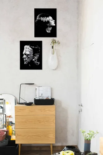 Miniatura 3 de Juego de 2 lienzos artísticos de pared para parejas de Frankenstein de Halloween de 11 x 14 pulgadas, juego de 2 decoraciones para el hogar, sala
